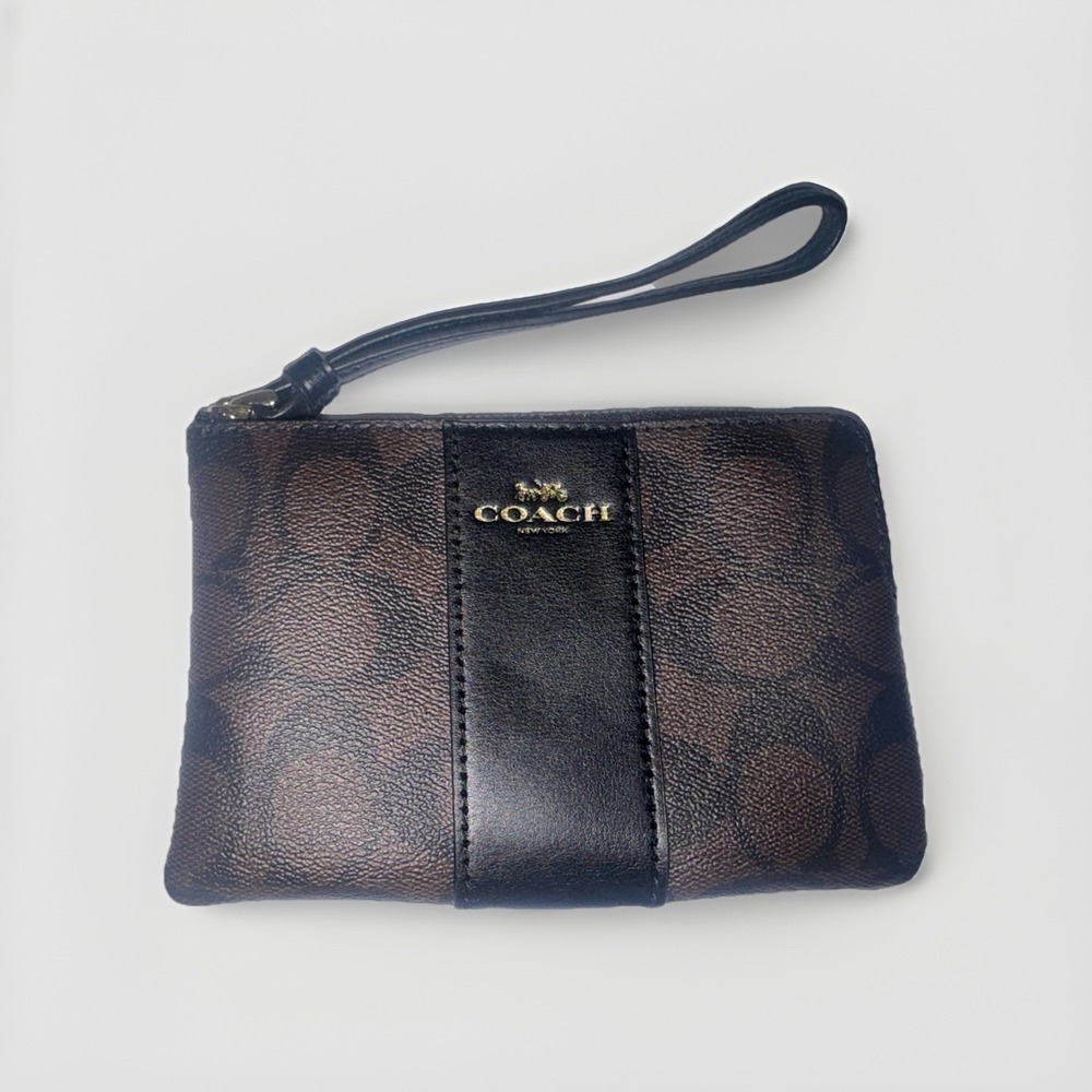 Coach F58035 Signature PVC Leather Zip Wristlet Wallet Brown Black NWT